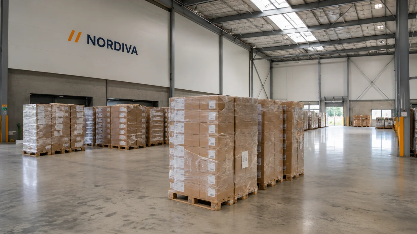 Zafóliované palety se zásilkami v cross-docku NORDIVA